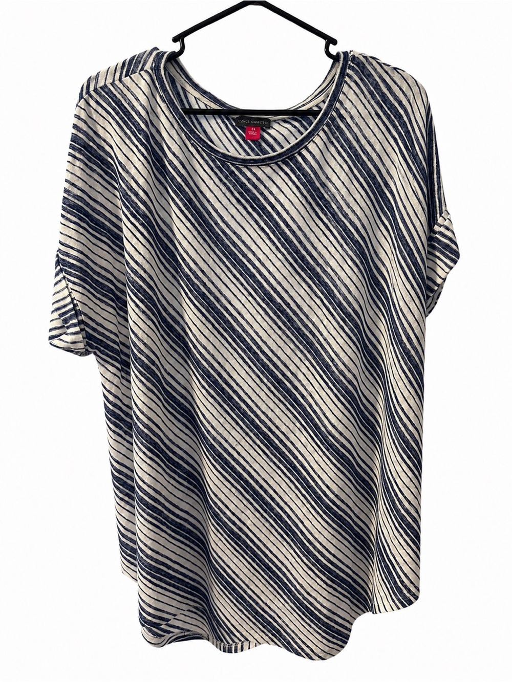 Vince Camuto Navy and Cream Diagonal Striped Short-Sleeve Top